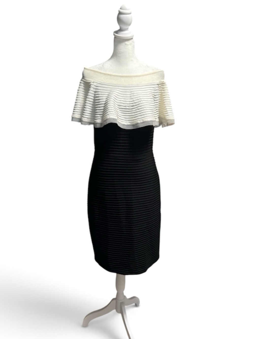 Off-Shoulder Black & White Ribbed Bodycon Dress-S